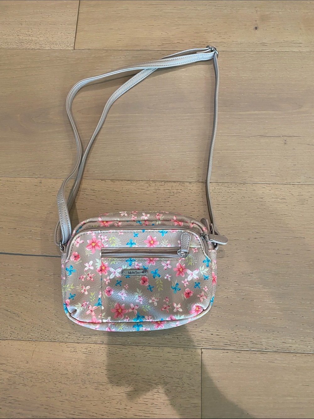 Floral Metallic Crossbody Bag in Beige with Pink & Blue Accents